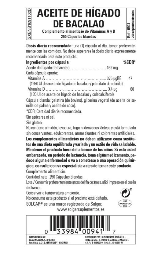 Solgar Aceite de Hígado de Bacalao (una al día) - 250 cápsulas blandas