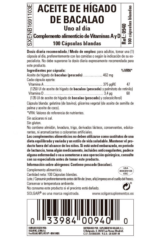 Solgar Aceite de Hígado de Bacalao (una al día) - 100 cápsulas blandas