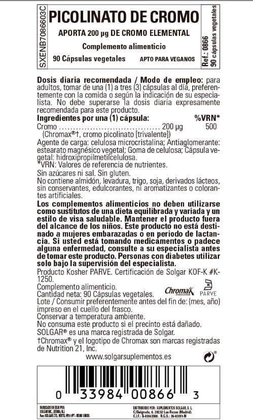 Solgar Cromo Picolinato 200 µg - 90 Cápsulas vegetales
