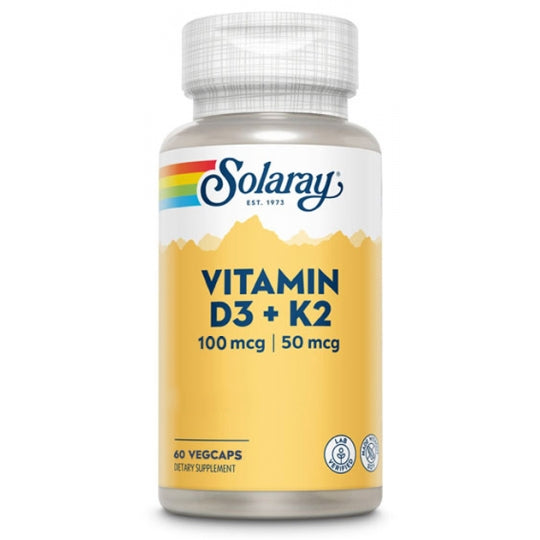 Solaray Vitamina D3 + K-2 (MK7) - 60 VegCaps. Sin soja. Sin gluten. Apto para vegetarianos